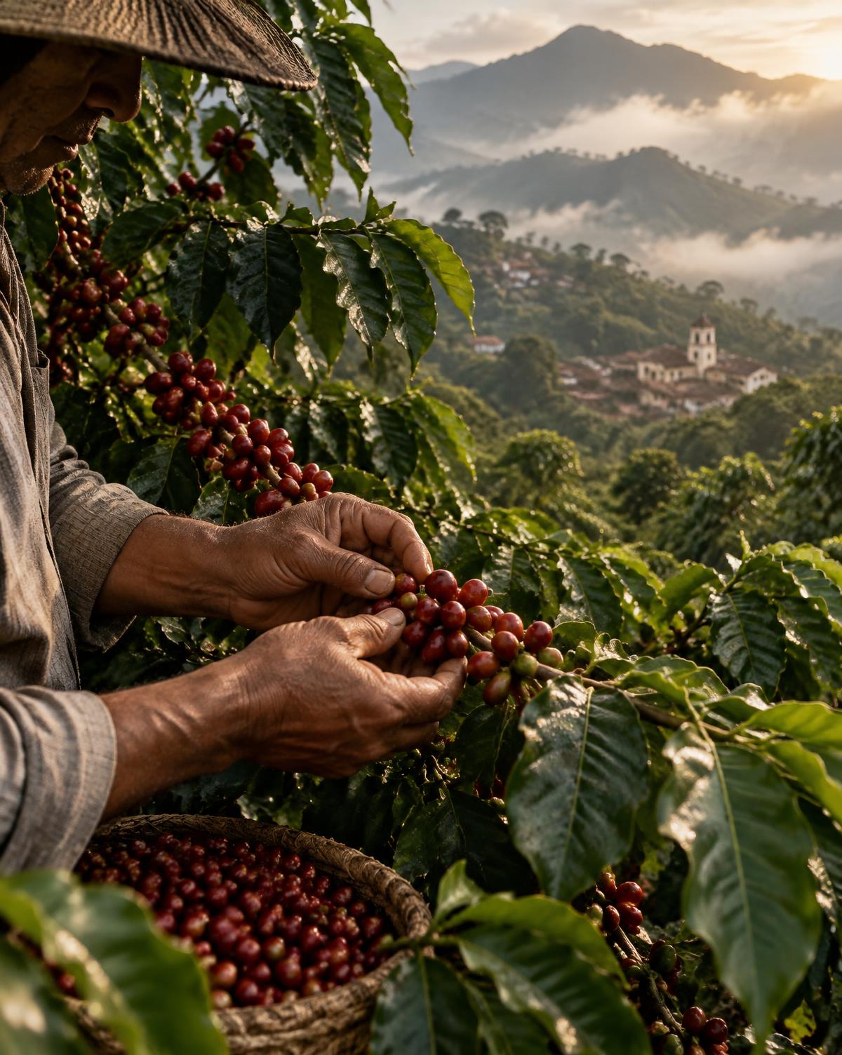 Coffee cherries being picked in Puebla, Mexico